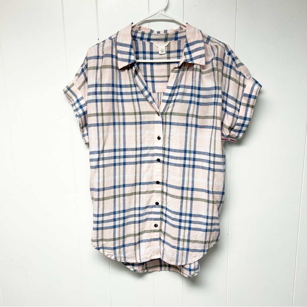 Caslon Pink and Gray Plaid Button Down Linen Blend Short Sleeve Top Small